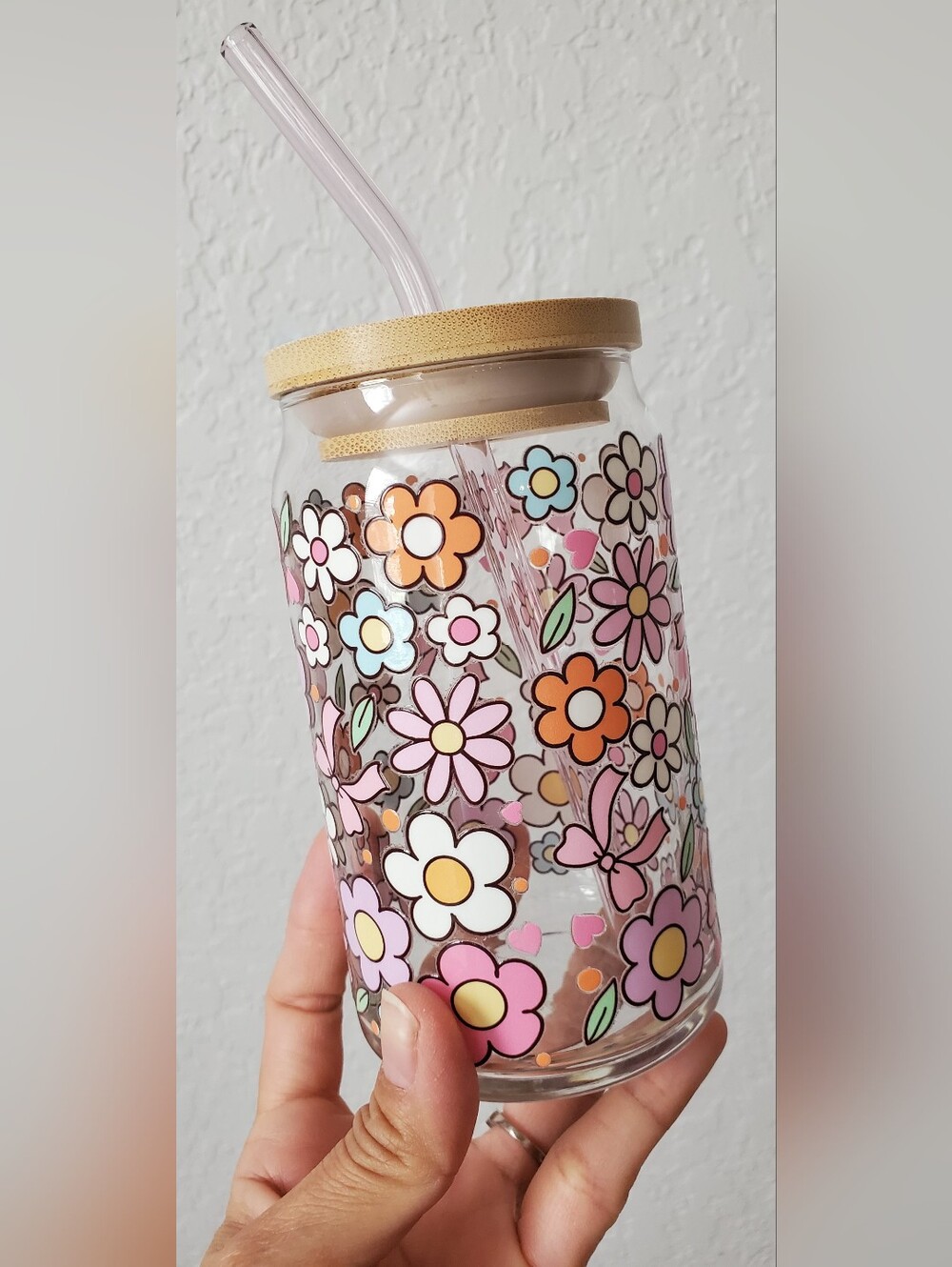 Handmade Fun Girly Floral Wrap Can Glass Tumbler with Straw and Bamboo Lid
